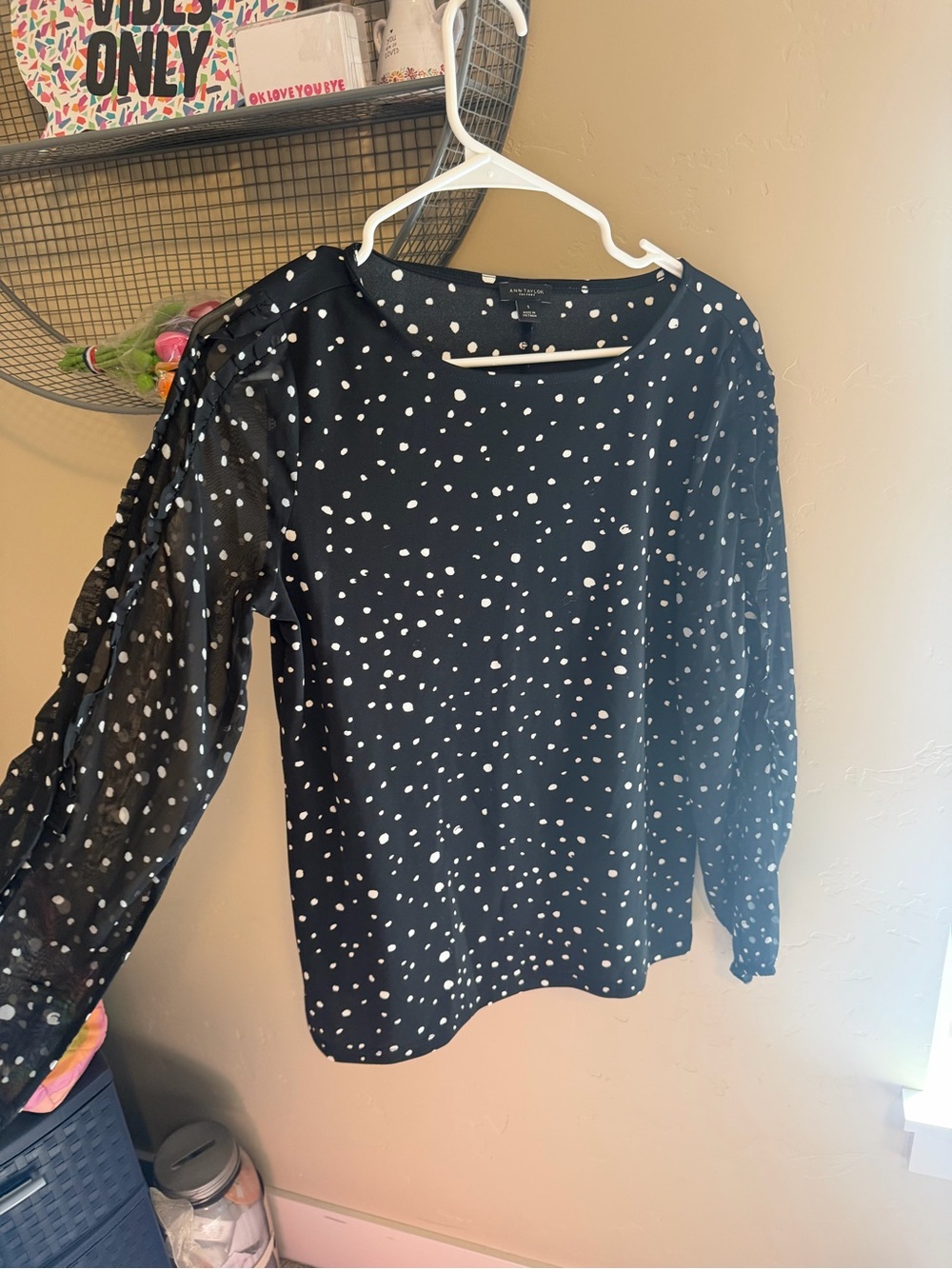 Ann Taylor Black and White Polka Dot Blouse with Sheer Sleeves